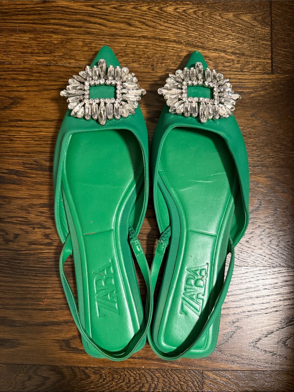 Zara Emerald Green Pointed Slingback Flats with Crystal Brooch